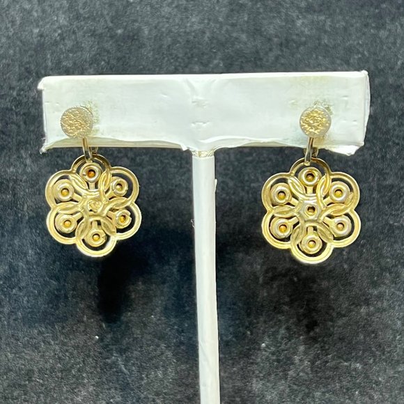 Vintage Coro Gold Tone & Blue Rhinestone Flowe Screw Back Dangle Earrings (3521) - Picture 3 of 5